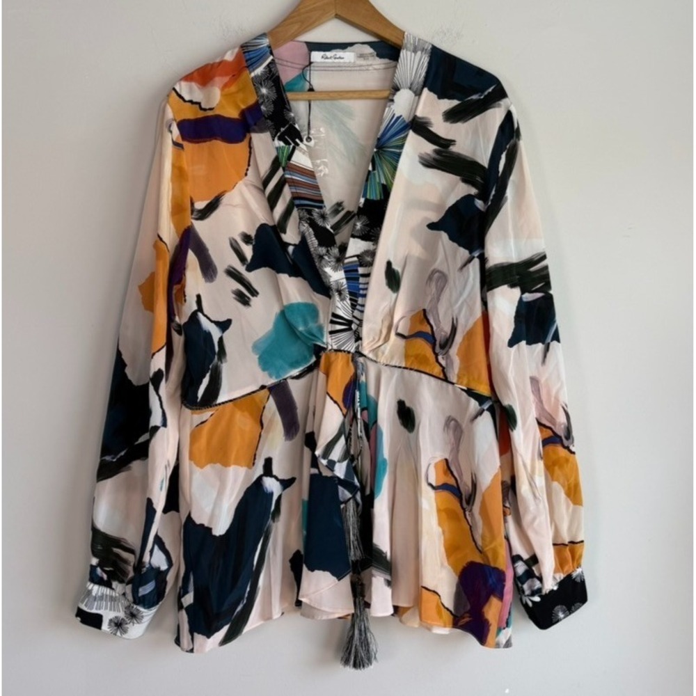 Robert Graham Silk Abstract Print Blouse Top XL Artsy Boho Art to Wear Boho